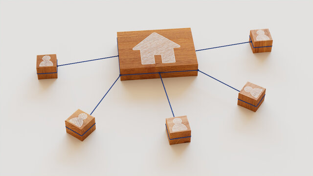 Internet Technology Concept with home Symbol on a Wooden Block. User Network Connections are Represented with Blue string. White background. 3D Render.