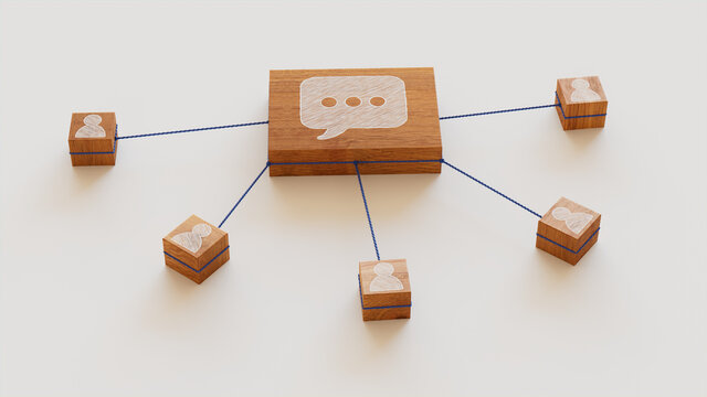 Text Technology Concept with sms Symbol on a Wooden Block. User Network Connections are Represented with Blue string. White background. 3D Render.