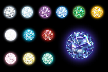 Set of realistic luminous gems of different colors. Ruby, diamond, sapphire, emerald, blue topaz, amethyst, aquamarine, white diamond, jade, opal, blue zircon, garnet, citrine. Jewelery, shining stone