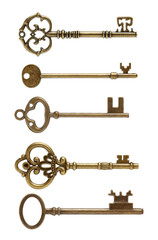 old brass key against a white background