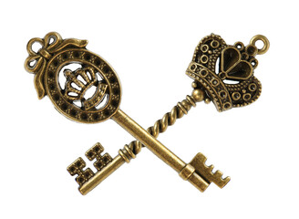 old brass key against a white background