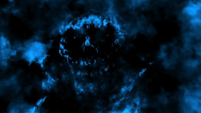 Dark monster skull creepy smiling. Scary 2D animation in horror fantasy genre. Evil thing face laughing. Spooky character head. Animated  vampire backdrop movie. Black and blue background video clip.