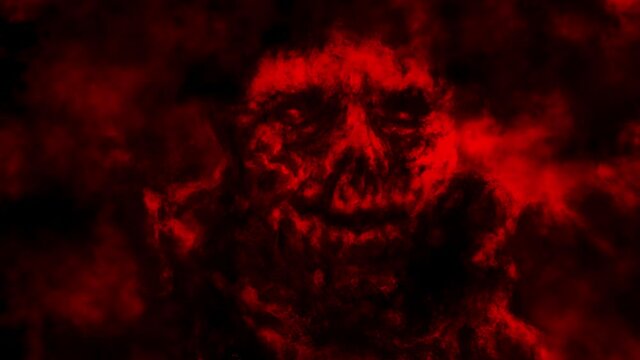 Scary vampire skull creepy smiling. Dark 2D animation in horror fantasy genre. Evil thing face laughing. Spooky character head. Black and red background video clip. Animated backdrop movie. 