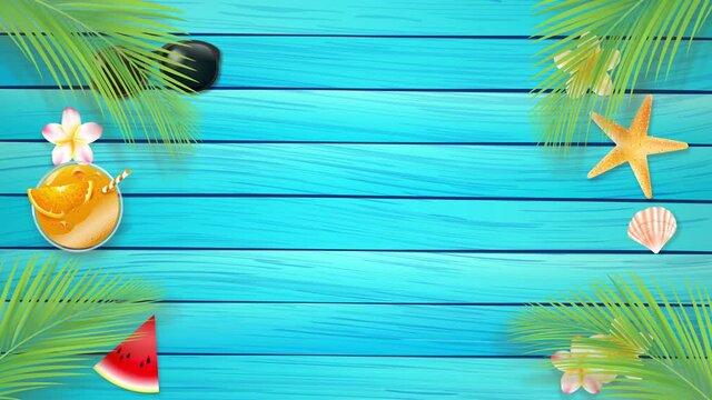 Abstract background simple animation for summer vacation,blank blue wood floor, palm leaf with star fish and shell, with copy space