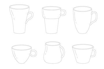 Set of tea and coffe cups and mugs. Vector icons. Line art. Minimalistic design