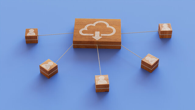 Data storage Technology Concept with cloud download Symbol on a Wooden Block. User Network Connections are Represented with White string. Blue background. 3D Render.