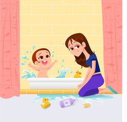 Tired mom bathing a restless baby