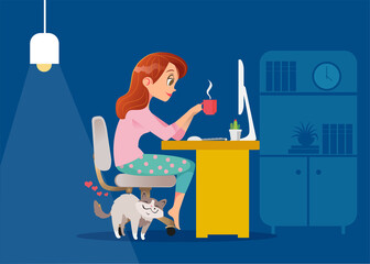 Woman working late at home