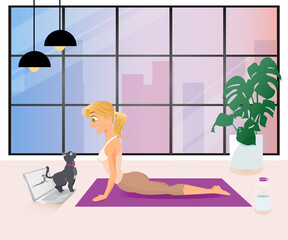 Blonde girl doing an online yoga class