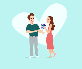 Couple celebration, girl giving a present