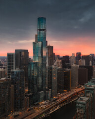 Aerial Cityscape Sunset of Downtown Chicago