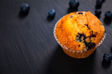 Muffin with Blueberries on Black Chalkboard with Copy Space. Selective focus.