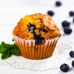 Muffins with Blueberries and Fresh Blueberries. Selective focus.