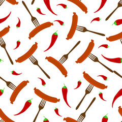 Vector seamless pattern with appetizing sausages. Fried, smoked, sausages and hot peppers. With a fork. October festival,