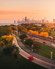 Chicago lakefront trail with Lake shore drive and downtown 