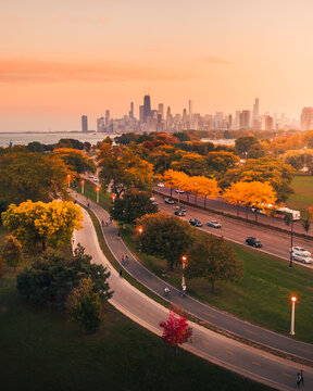 Chicago lakefront trail with Lake shore drive and downtown 