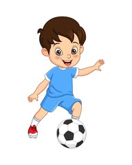Cartoon little boy playing soccer