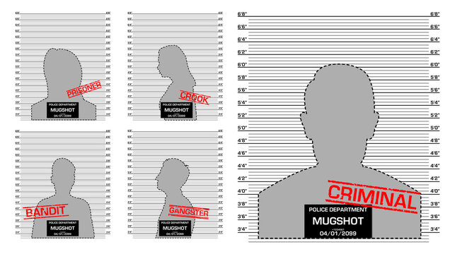 Set Of Criminal Mug Shot Line Police Isolated Or Police Line Up Mug Shot Silhouette Or Anonymous Criminal Mug Shot Template With Scale Ruler On Background. Eps Vector