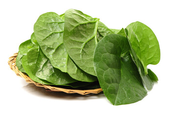 Stack of fresh malabar spinach vegetable leaves on white background