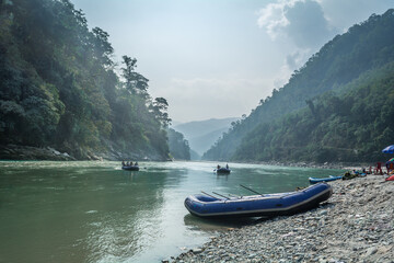 Fototapeta na wymiar Rafting at Tiveni Sangam, Darjeeling, West Bengal, India