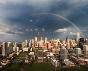 Chicago skyline with rainbow from west aerial view
