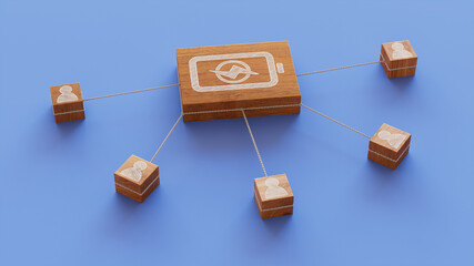 Energy Technology Concept with battery Symbol on a Wooden Block. User Network Connections are Represented with White string. Blue background. 3D Render.