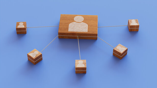 Social Technology Concept with user Symbol on a Wooden Block. User Network Connections are Represented with White string. Blue background. 3D Render.