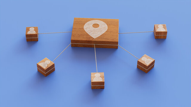 Location Technology Concept with map pin Symbol on a Wooden Block. User Network Connections are Represented with White string. Blue background. 3D Render.