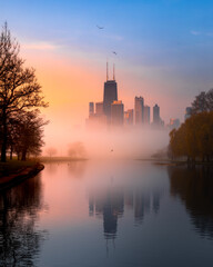 Chicago foggy morning aerial view in Lincoln Park