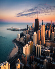 Chicago aerial view of gold coast looking over the lake