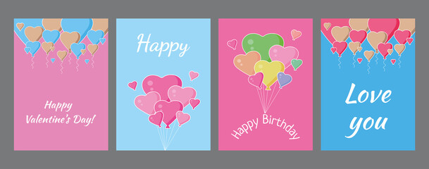 Fototapeta na wymiar A collection of postcards as a gift for a girl or for a guy. Happy birthday poster. Valentine's card for Valentine's Day. A set of covers with the image of balloons and hearts.