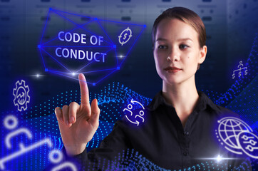 Business, Technology, Internet and network concept. Young businessman working on a virtual screen of the future and sees the inscription: Code of conduct