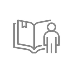 Open book with man line icon. Reading book, online course, library symbol