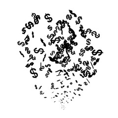 Stream of silhouettes of dollars isolated on white background. Vector illustration