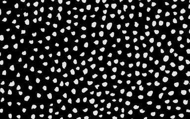 Randomly placed polka dots, hand drawn spots seamless vector pattern. Scattered big and small circles, points in various sizes. Background. Decorative black and white design tiles. © Micaela
