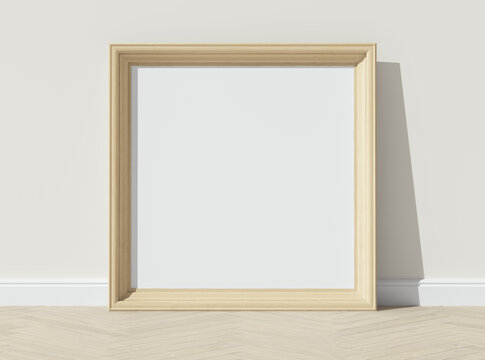 Wooden frame on wooden floor with white wall. 3D render vertical wooden frame mock up. Oak parquet. Empty interior. 3D illustrations. 3D design interior. Template for business.