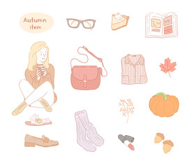 A girl drinking a hot drink and a collection of autumn items. hand drawn style vector design illustrations. 