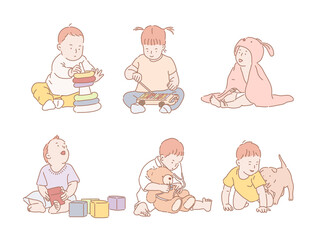 Babies playing with toys. hand drawn style vector design illustrations. 