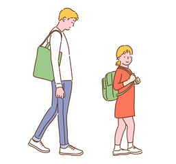 A man and a girl with green bags. hand drawn style vector design illustrations. 