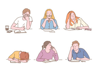 Students look bored while studying. hand drawn style vector design illustrations.  - obrazy, fototapety, plakaty