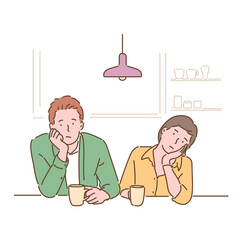 A couple sits at the table and shrugs their chins with a bored expression. hand drawn style vector design illustrations. 