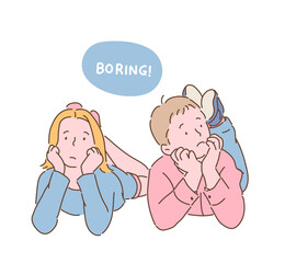 The children lie on their chins and look bored. hand drawn style vector design illustrations. 