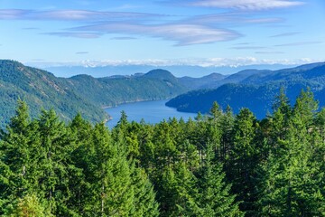Fototapeta na wymiar Summit overlooking ocean and mountains near Victoria, British Columbia, Canada 
