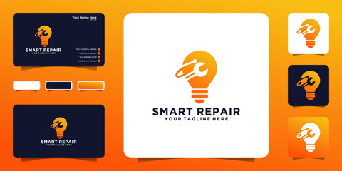 Fototapeta na wymiar light bulb repair logo design and business card