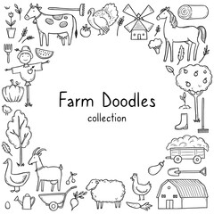 Hand drawn frame with farm animal, horse, cow, farmer food element. Doodle sketch style. Agriculture life background, frame. Isolated vector illustration.