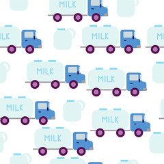 Milk tanker and milk cans seamless pattern, milk delivery machine on white background