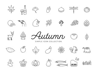 秋のシンプルな線画イラストアイコンセット03　モノクロ  / 紅葉、食べ物、動物、花、果物
