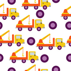 Tow truck in flat style seamless pattern, car assistant and stylized wheels on a white background