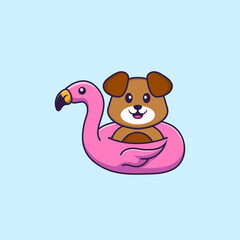 Cute dog With flamingo buoy. Animal cartoon concept isolated. Can used for t-shirt, greeting card, invitation card or mascot. Flat Cartoon Style
