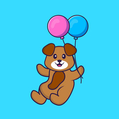 Cute dog flying with two balloons. Animal cartoon concept isolated. Can used for t-shirt, greeting card, invitation card or mascot. Flat Cartoon Style